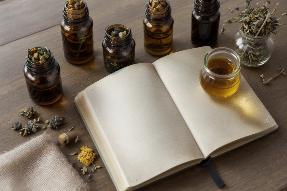 Carnet de notes sur la naturopathie débutante et flacon d'huile essentielle, symboles d'une hygiène de vie plus consciente