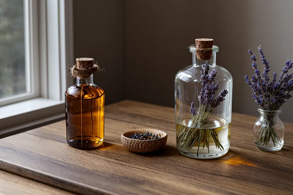 Étagère de flacons d'huiles essentielles triés avec des pastilles de couleur, repères de sécurité pour une routine bien-être enfant