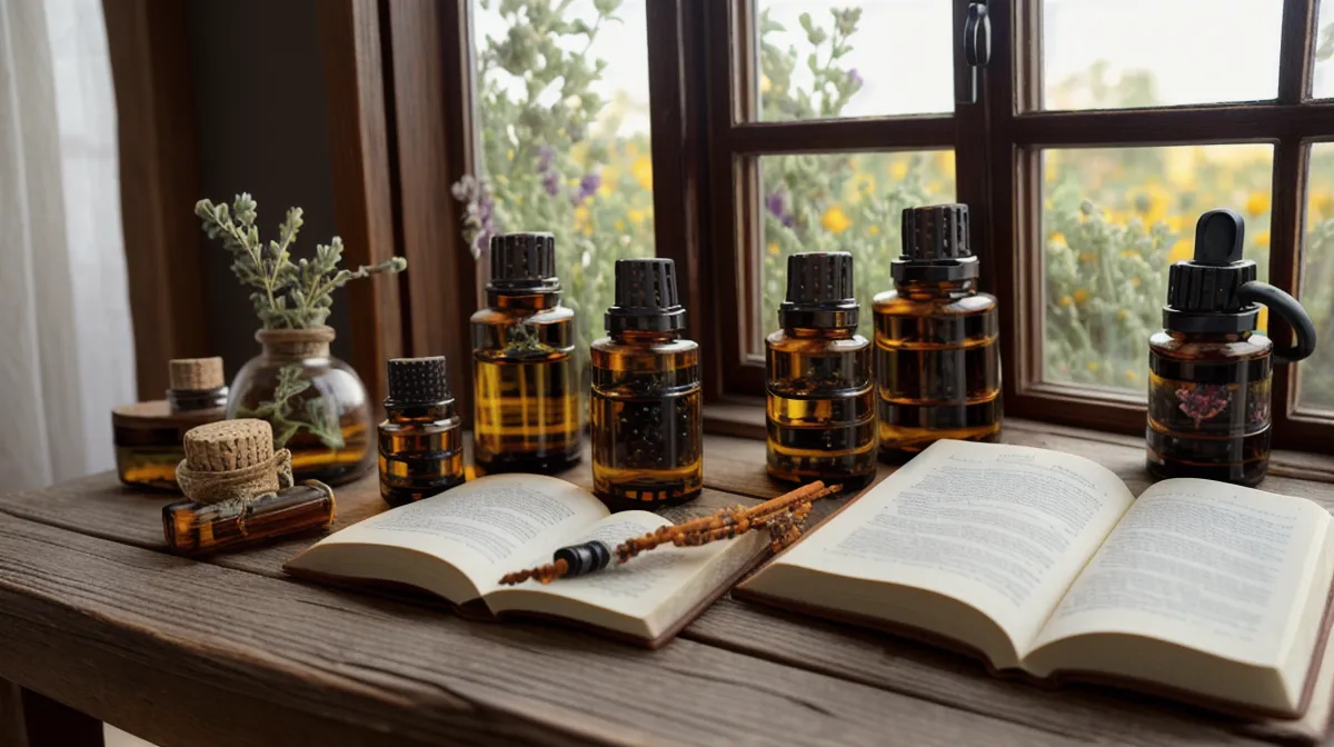 Flacon d'huiles essentielles et soins naturels pour peau mature, thème du carnet d'aromathérapie