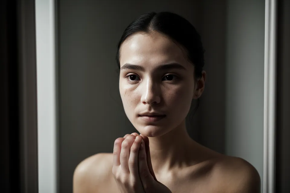 Reflet d'une femme quadragénaire examinant sa peau mature dans le miroir, réflexion sur les soins naturels