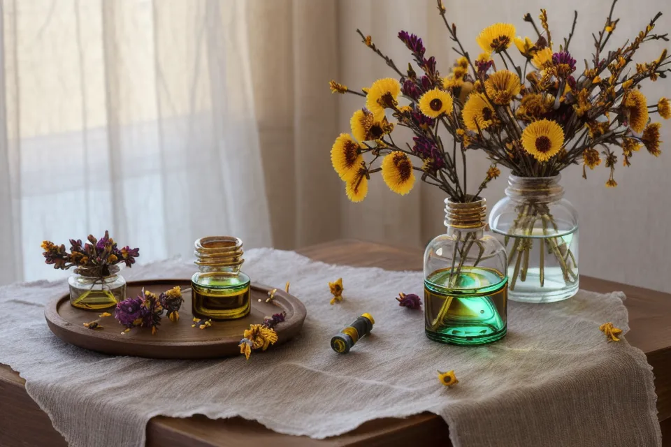 Huile essentielle de Ciste Ladanifère et fleurs séchées sur un tissu en lin, ingrédient d'un soin naturel pour peau mature