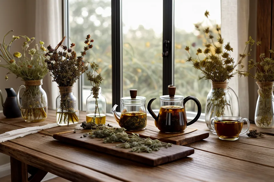 Préparation d'un sirop contre la toux maison aux plantes dans une cuisine, remède de phytothérapie pour l'hiver