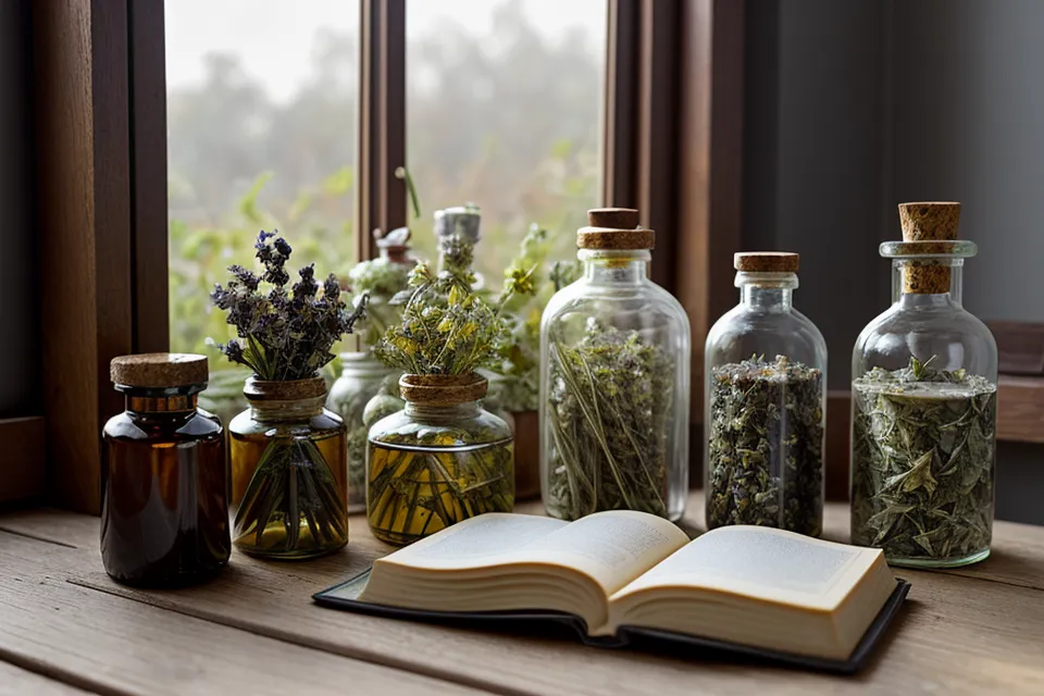Cuillère en bois remuant un sirop de plantes sombre et épais qui réduit doucement dans une casserole