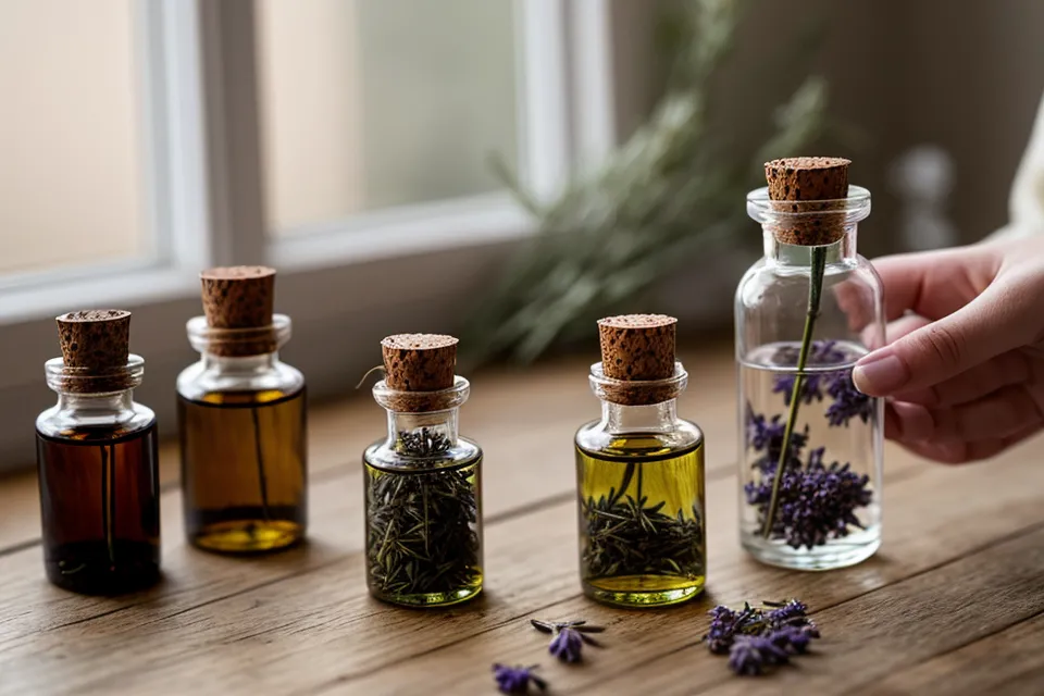 Une main écrivant des dates sur des étiquettes pour flacons d'huiles essentielles.