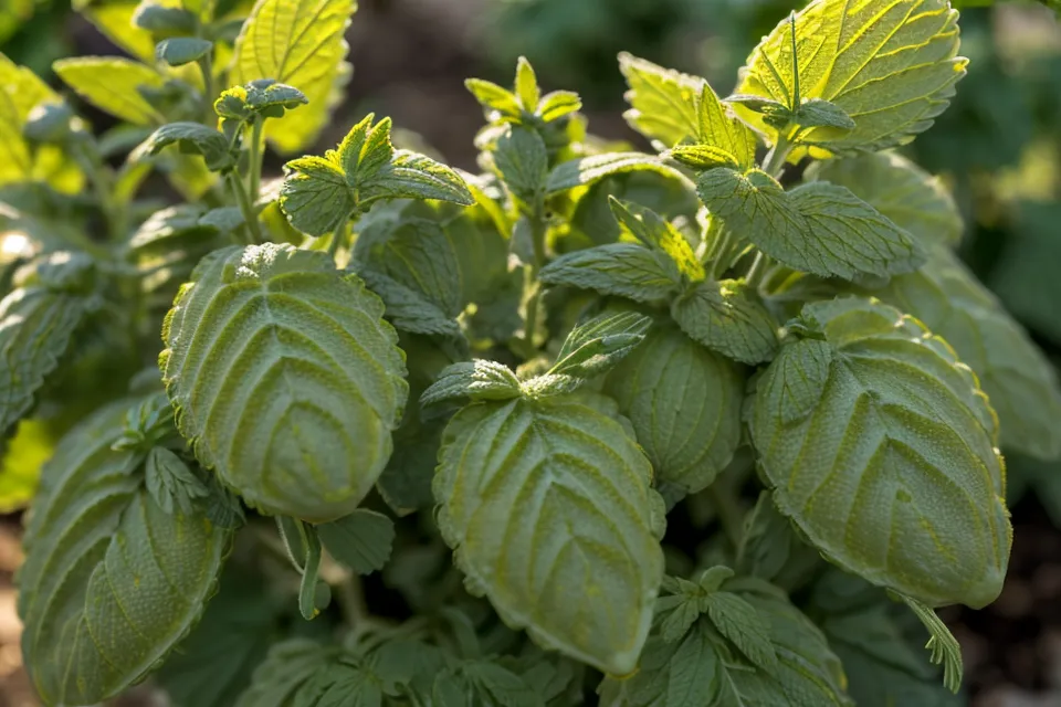 Feuilles de mélisse fraîchement cueillies, plante utilisée en tisane pour un bien-être naturel le soir