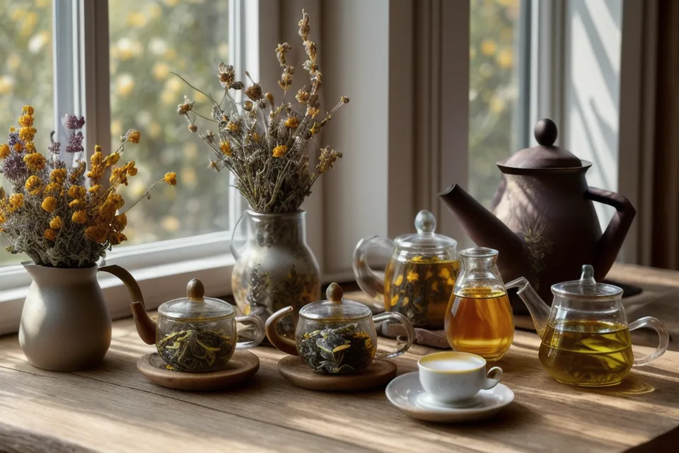 Tisane de plantes et racines de gingembre, rituel de phytothérapie maison contre le blues hivernal