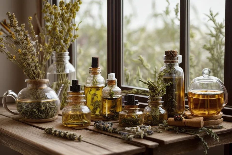 Flacon d'huile essentielle de Pin sylvestre sur le bureau, aromathérapie maison pour le blues hivernal