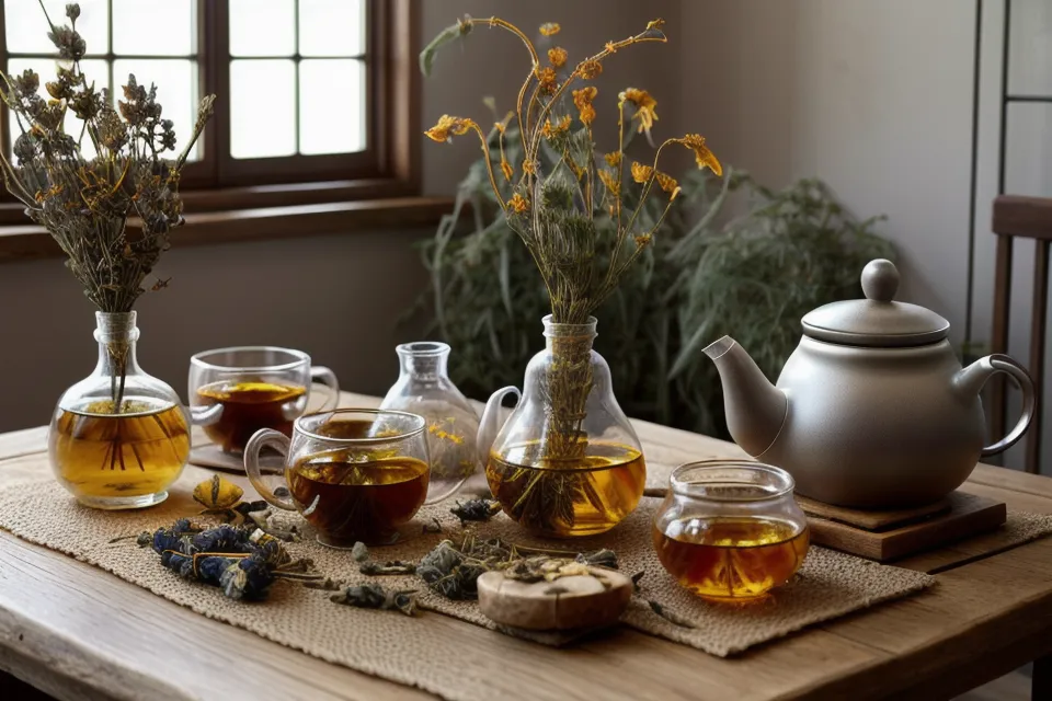 Scène matinale paisible avec une infusion de plantes sur le rebord d'une fenêtre, rituel bien-être du regard