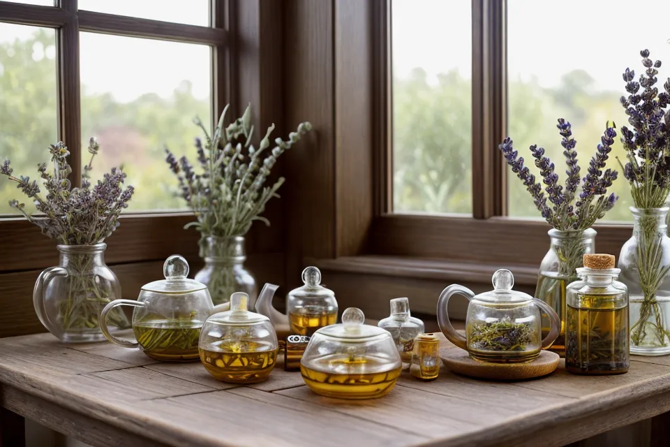 Baume à lèvres maison aux huiles essentielles pour l'automne, pot ouvert avec cire d'abeille et lavande sur une table en bois