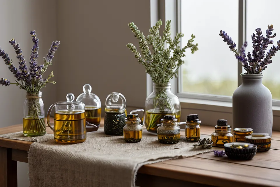 Petits flacons d'huiles essentielles de dix millilitres, à manier avec prudence en aromathérapie