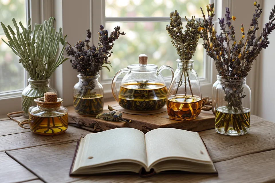 Coin lecture bien-être naturel avec plaid et livres d'herboristerie pour prolonger le journal de naturopathie