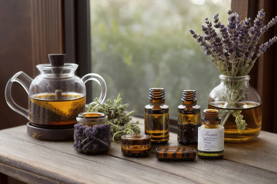 Flacon de propolis liquide avec sa pipette sur une nappe en lin, remède naturel pour la gorge