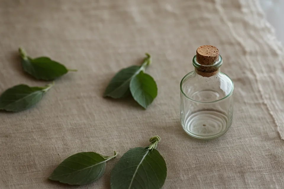 Feuilles d'oranger amer et flacon de Petit Grain Bigarade, huile essentielle utilisée en aromathérapie contre la charge mentale