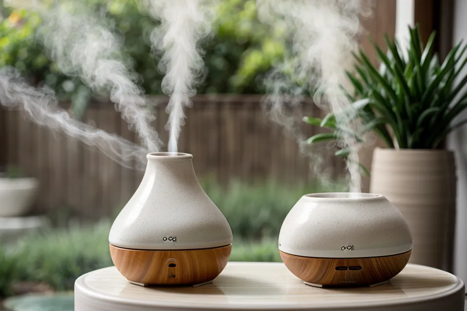 Diffuseur d'huiles essentielles en fonctionnement le soir, rituel de relaxation naturelle après une journée chargée