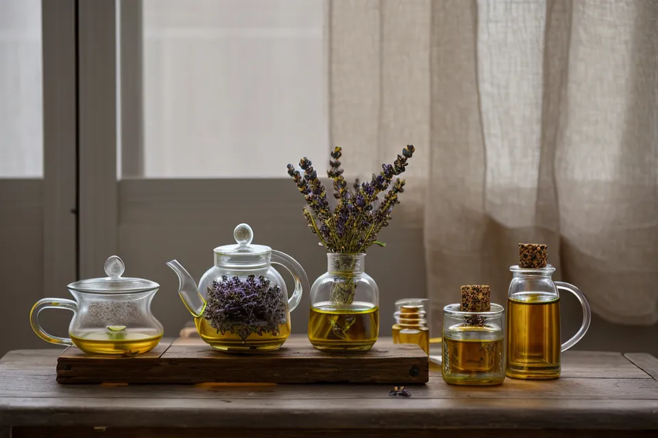 Flacon d'huile essentielle et carnet ouvert, pour une routine d'aromathérapie et de méditation apaisante