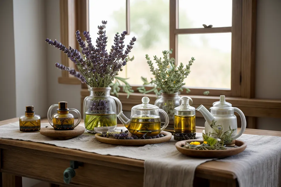 Main tenant un flacon d'huile essentielle en verre ambré, geste clé de l'aromathérapie pour la méditation