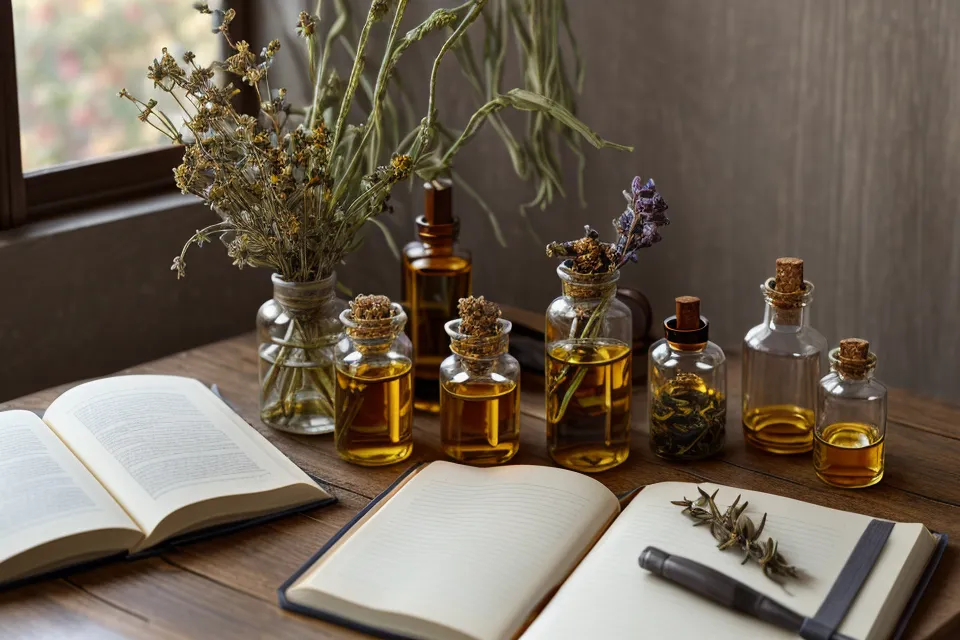 Page de carnet de bord personnel sur l'aromathérapie et le bien-être naturel, entre notes et essais de méditation