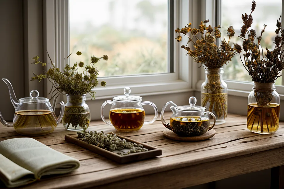 Brindille de romarin frais près d'une théière, choisie pour les infusions apaisantes du soir