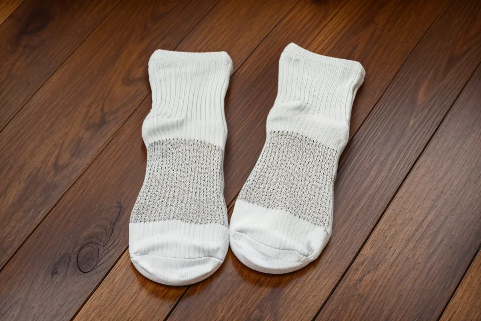 Chaussettes et chaussures de bureau au sol, signe de rétention d'eau en fin de journée au bureau