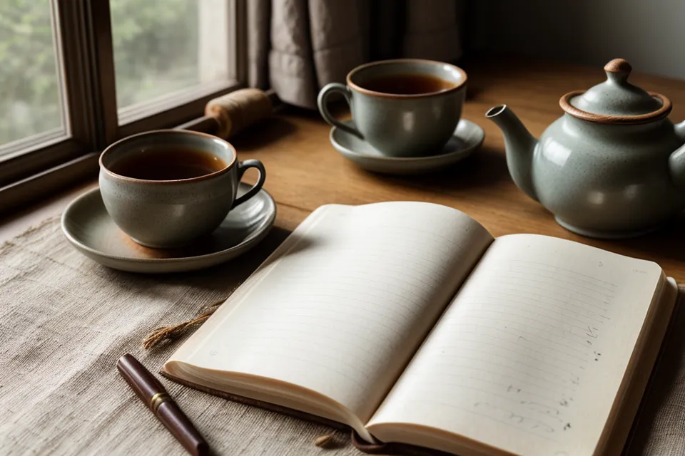 Main écrivant dans un carnet de naturopathie à côté d'une tisane de piloselle