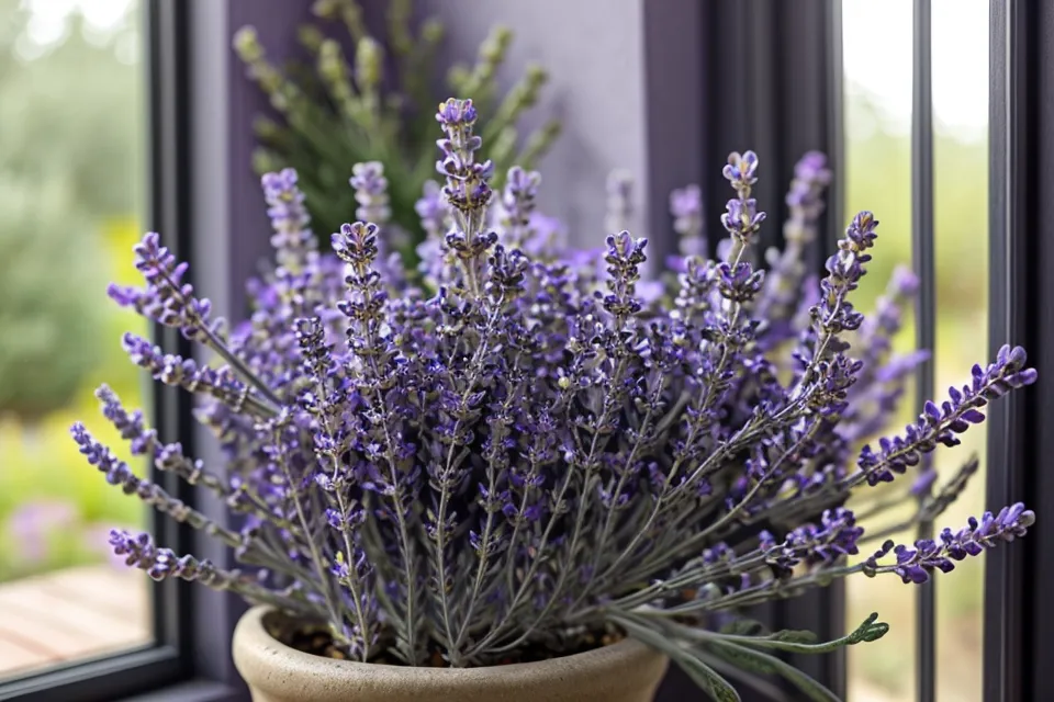Gros plan d'un plant de lavande aspic en fleurs dans un pot en terre cuite, utilisée en aromathérapie pour les soins de la peau