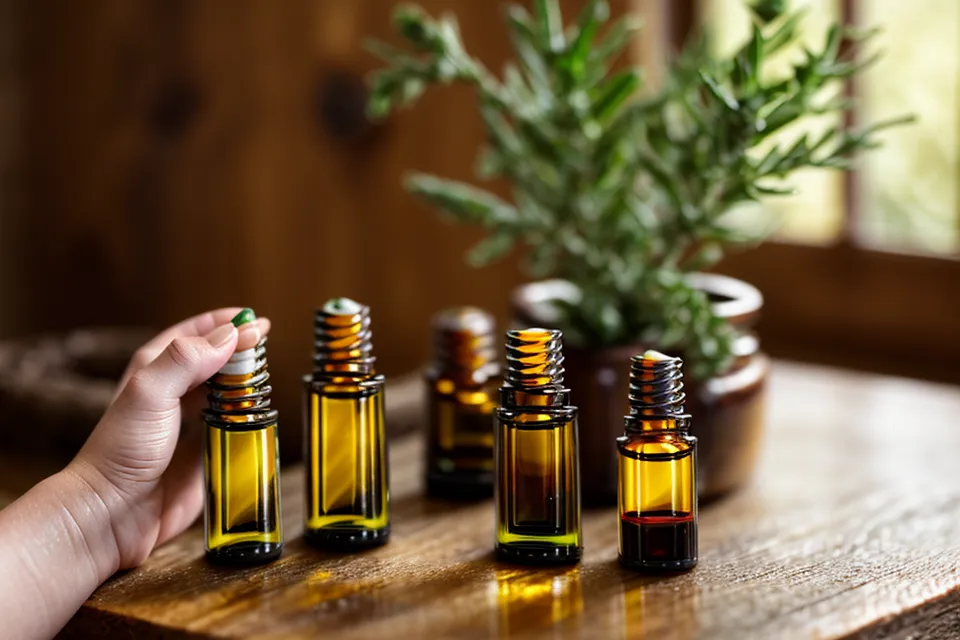 Flacon ambré d'huile diluée, un rituel de phytothérapie débutante pour le bien-être féminin