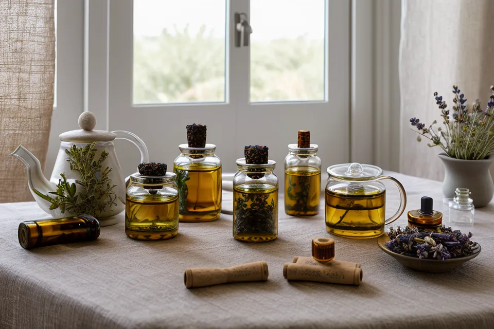 Bocaux en verre remplis de feuilles séchées de framboisier et de mélisse, plantes de naturopathie féminine pour le cycle