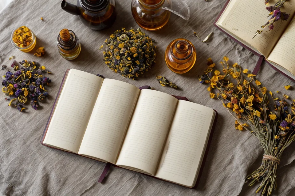 Bureau d'assistante administrative avec un flacon de fleurs de Bach et un carnet de naturopathie débutante pour le bien-être émotionnel